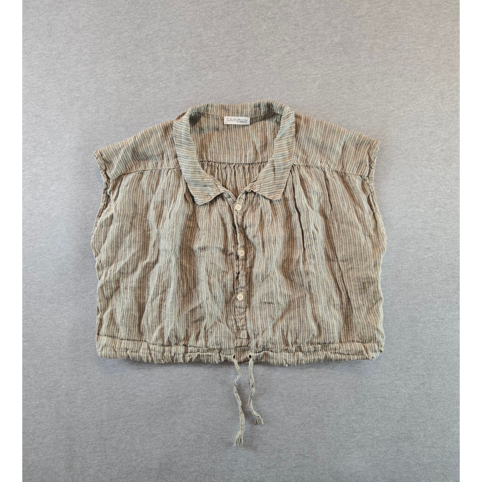 Cp Shades X Free People Claire Shirt Womens Small Tan Striped Linen Cropped Top